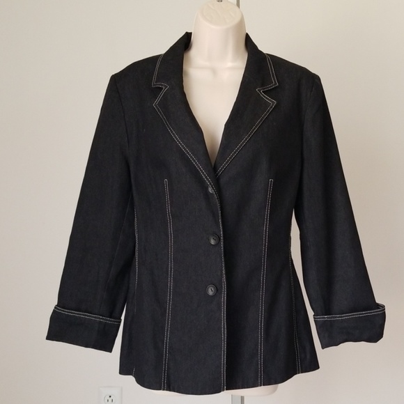 Black Denim Women's Long Sleeve Button Down Jacket - Picture 3 of 8